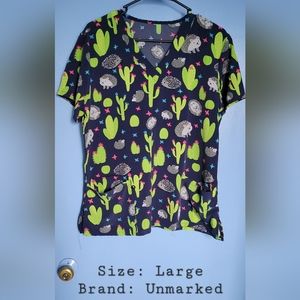 Hedgehog/Cactus print scrub top (brand unknown): Large/Navy